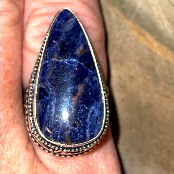 Vintage Sodalite Chunky Gemstone Boho, Festival Ring Size 6.5 Silver Blue - Picture 2 of 9